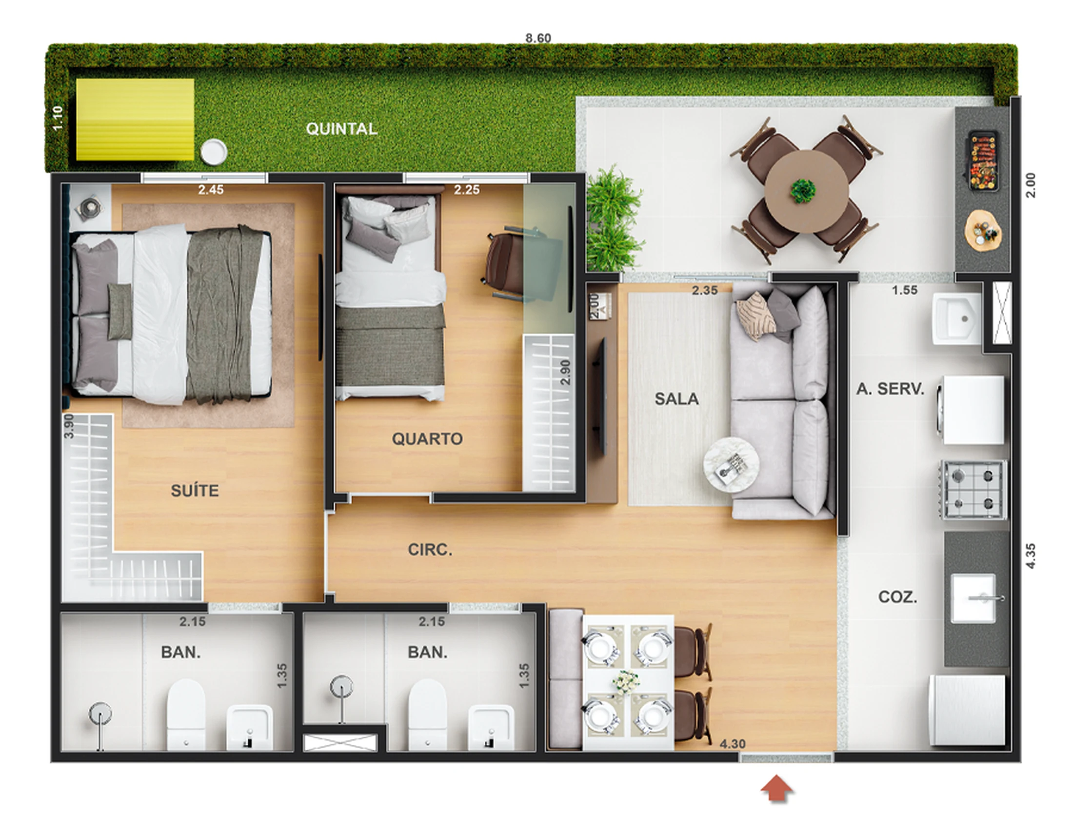 Planta 11 - 2 dorm 54,92m² - garden