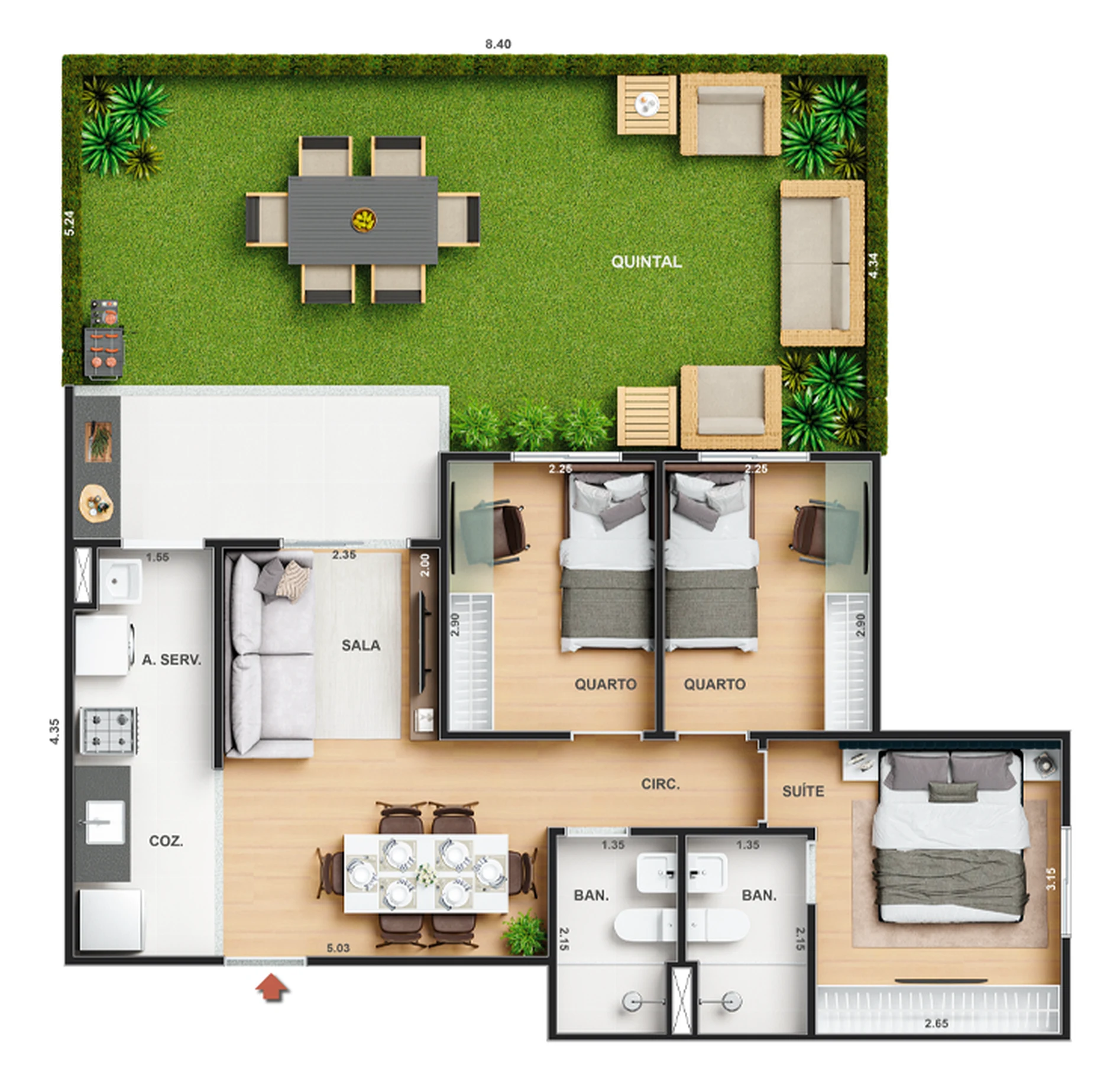 Planta 21 - 3 dorm 90,20m² - garden