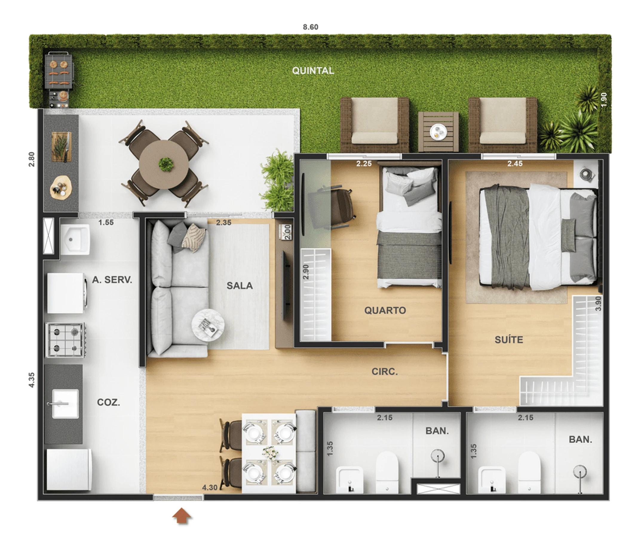 Planta 16 - 2 dorm 61,59m² - garden