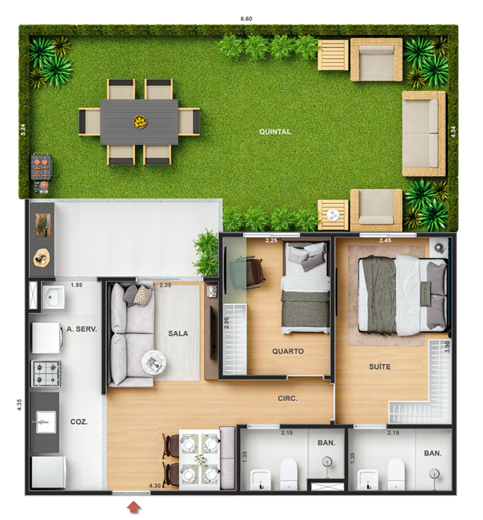 Planta 19 - 2 dorm 81,84m² - garden