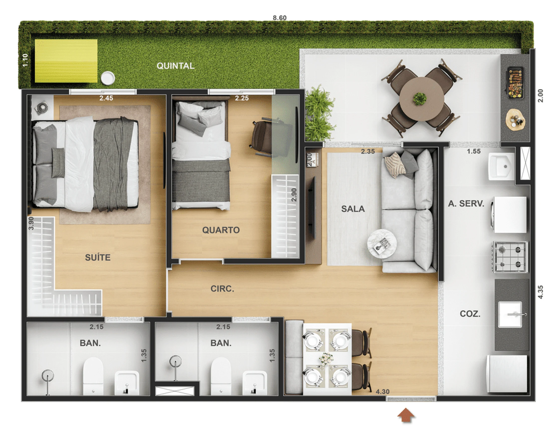 Planta 12 - 2 dorm 54,92m² - garden