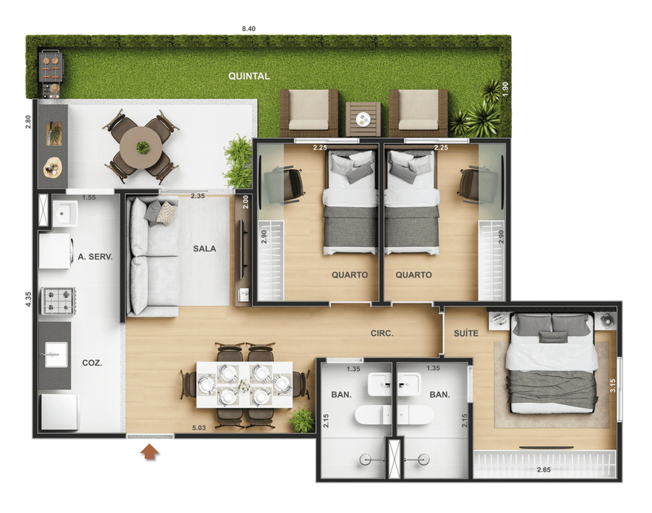 Planta 18 - 3 dorm 69,59m² - garden