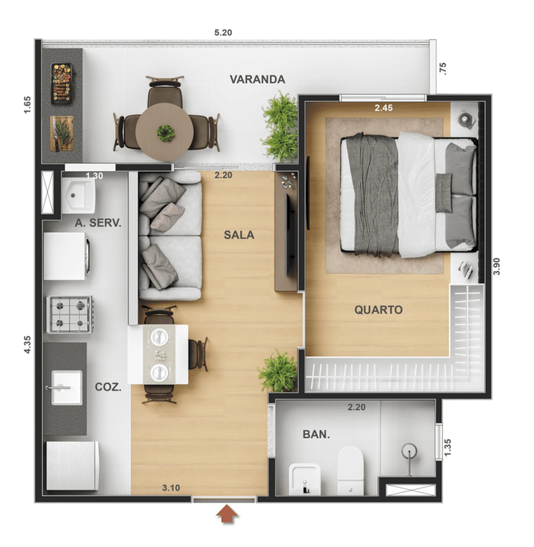 Planta 02 - 1 dorm 34,70m²