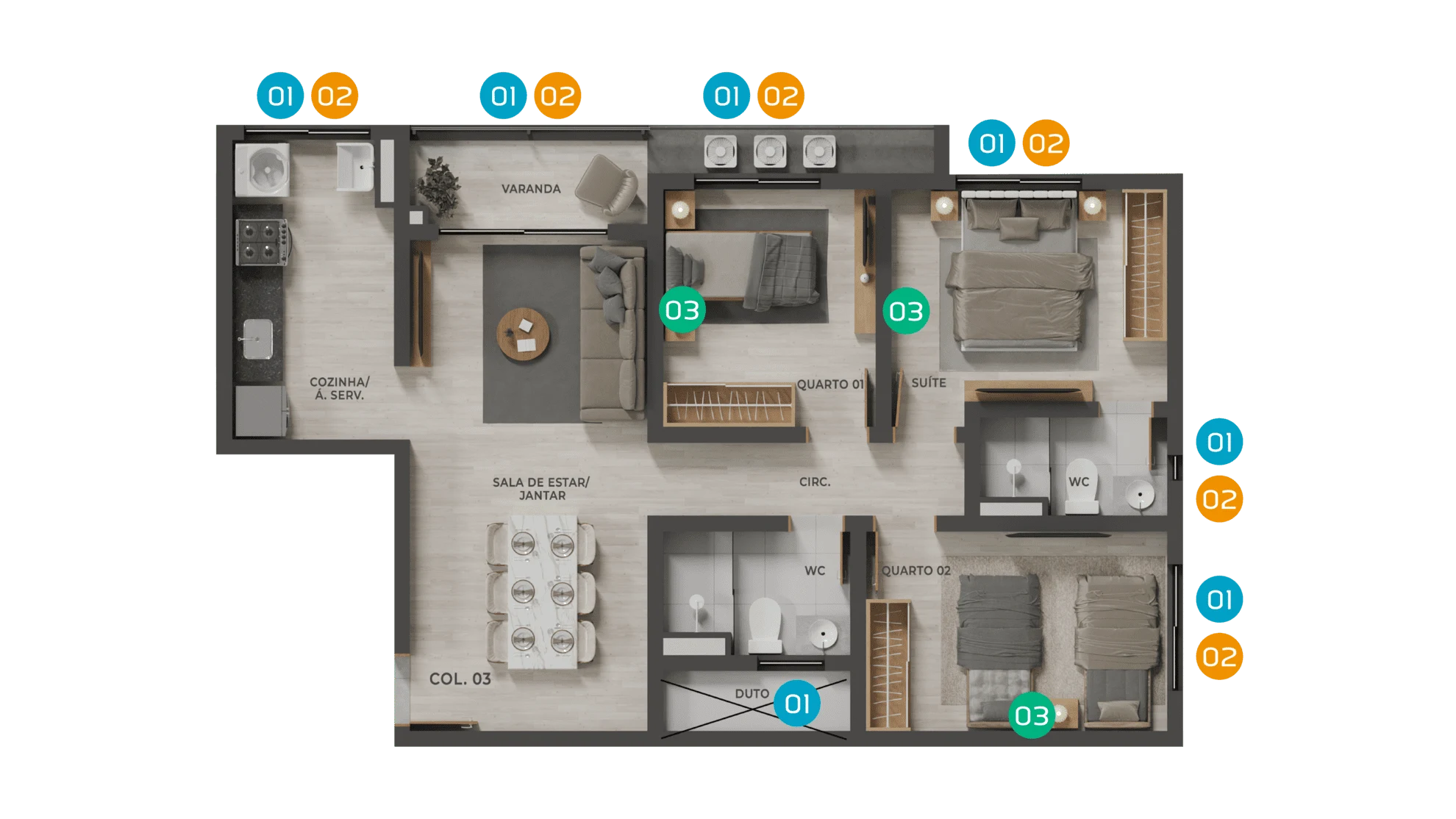 Planta 03 - 3 dorm 72,64m²