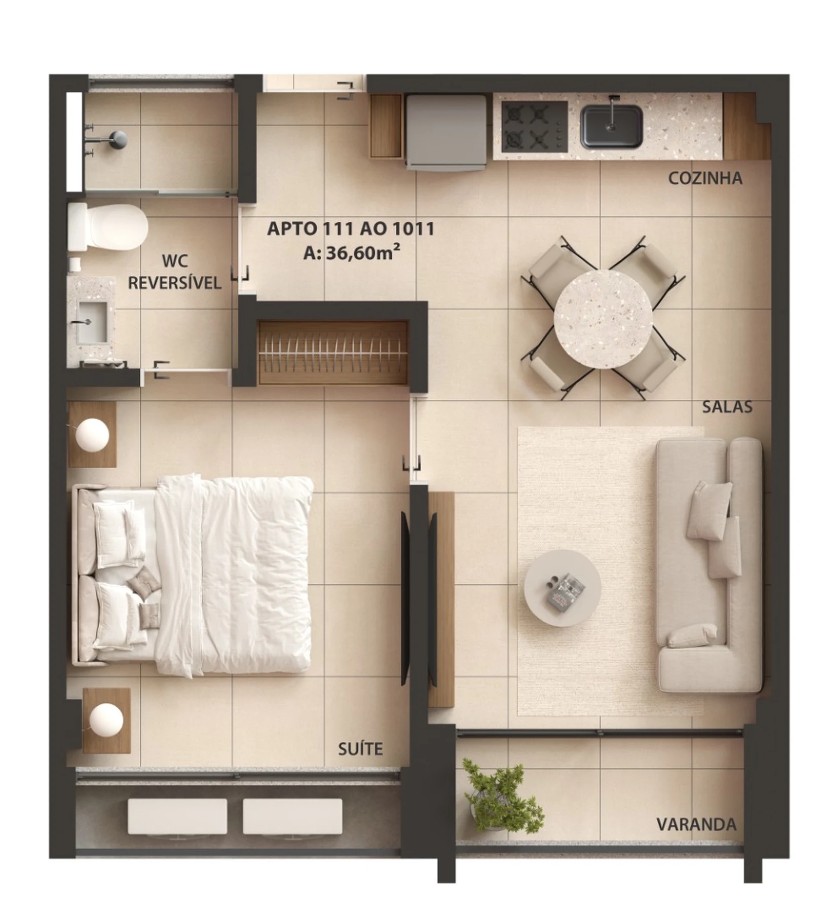 Planta 02 - 1 dorm 36,60m²