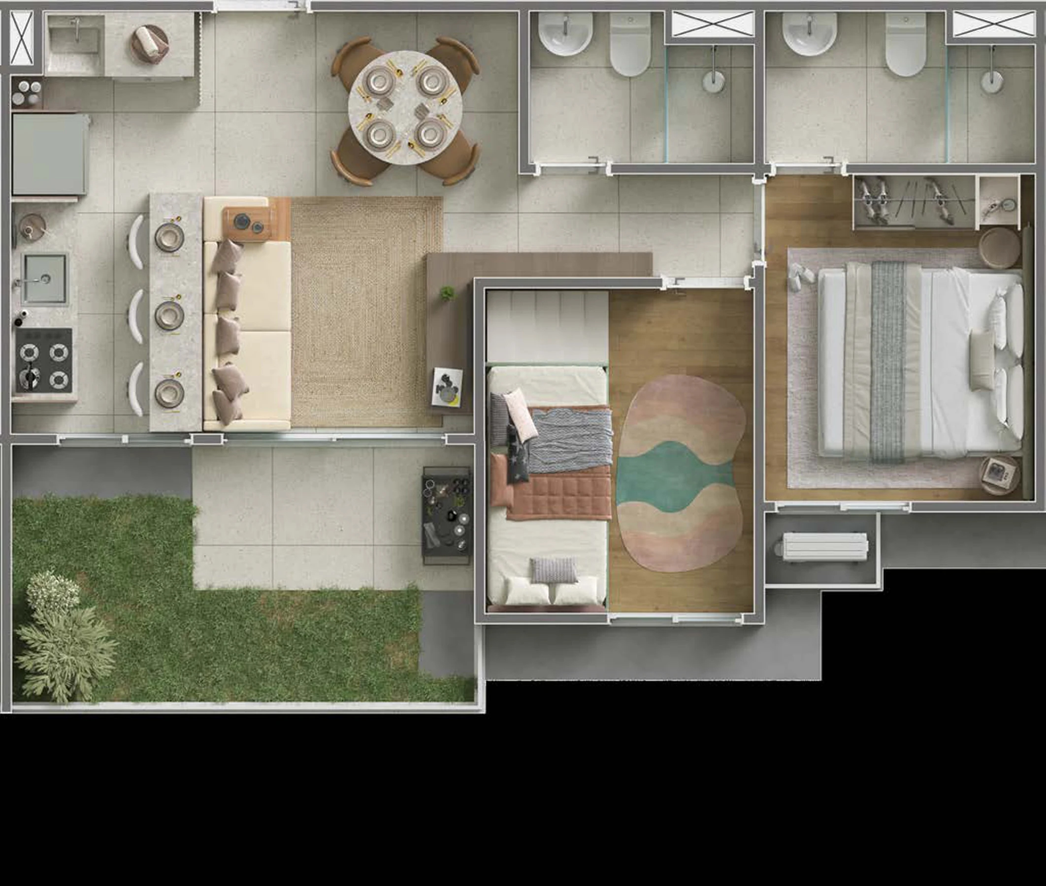Planta 02 - 2 dorm 52,28m² - garden