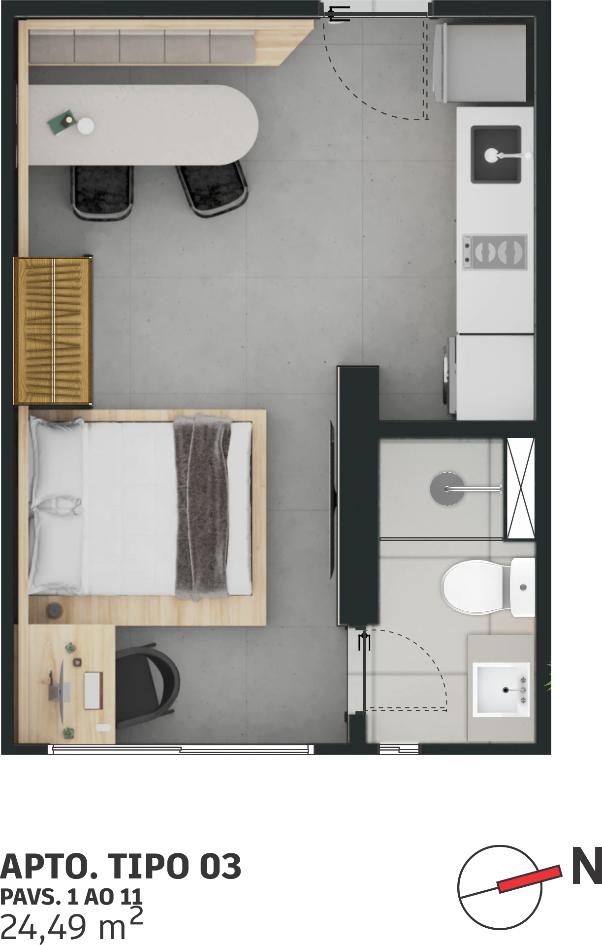 Planta 04 - 1 dorm 24,49m² - studio