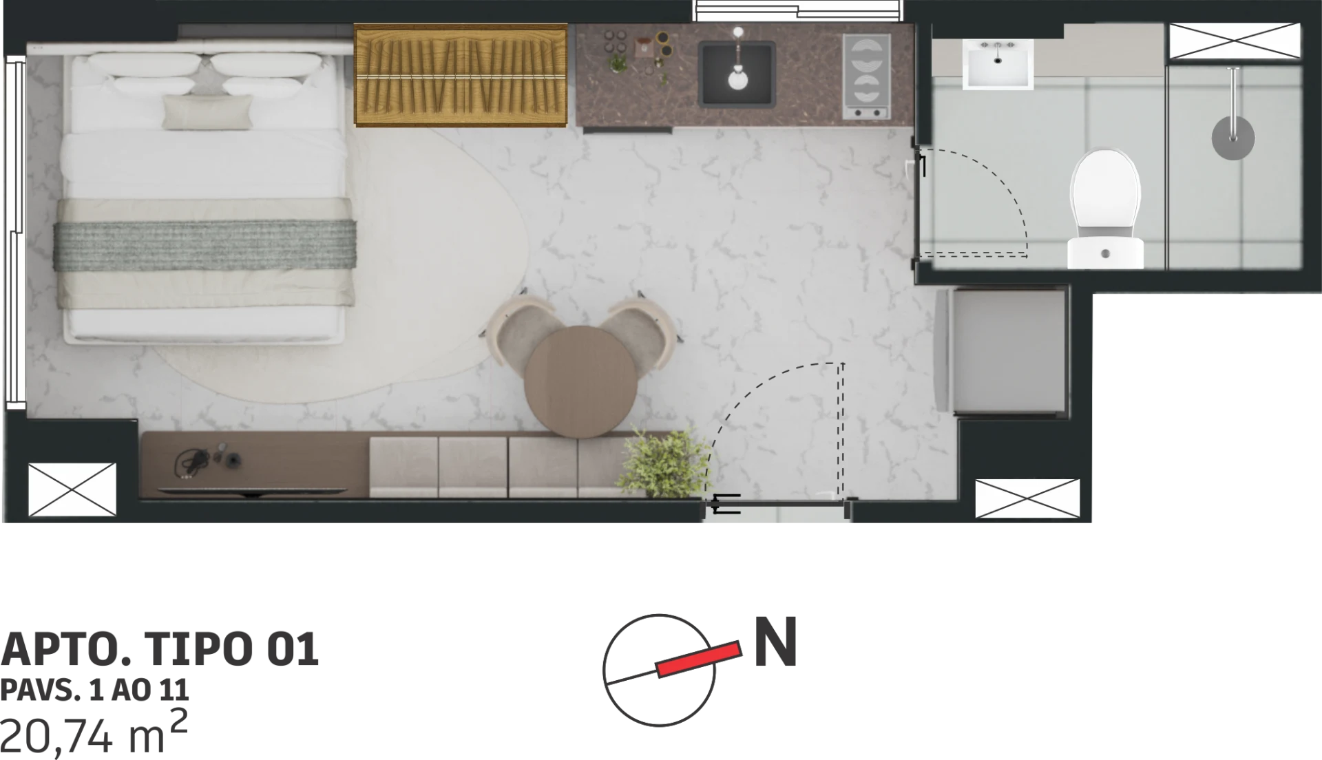 Planta 02 - 1 dorm 20,74m² - studio
