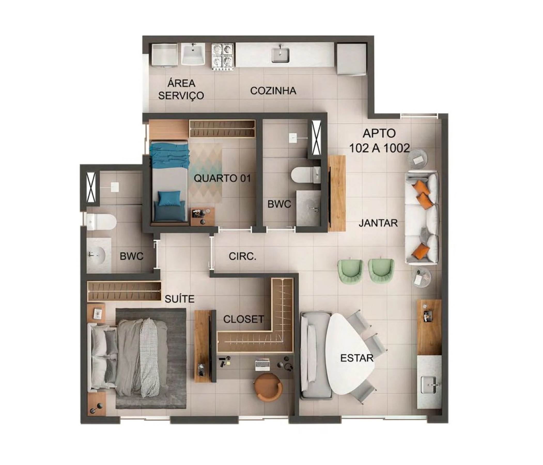 Planta 03 - 2 dorm 63m² - opção 01