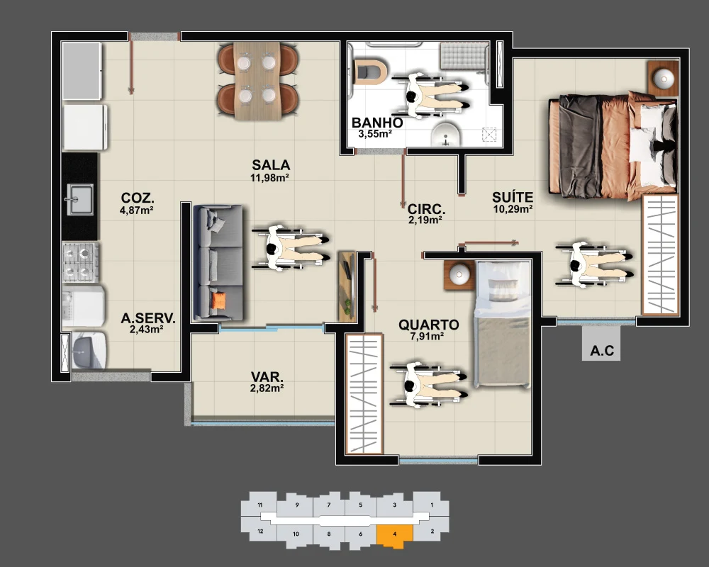 2 Quartos (Opção com Acessibilidade) de 52,01 m² privativosColuna 4 (3º ao 9º pavimento)