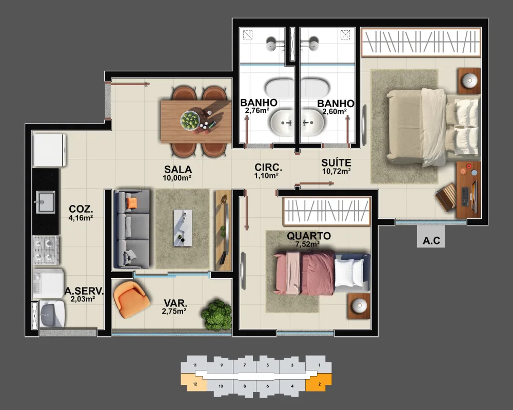 2 Quartos com 1 Suíte de 50,42 m² privativosColunas 2 e 12