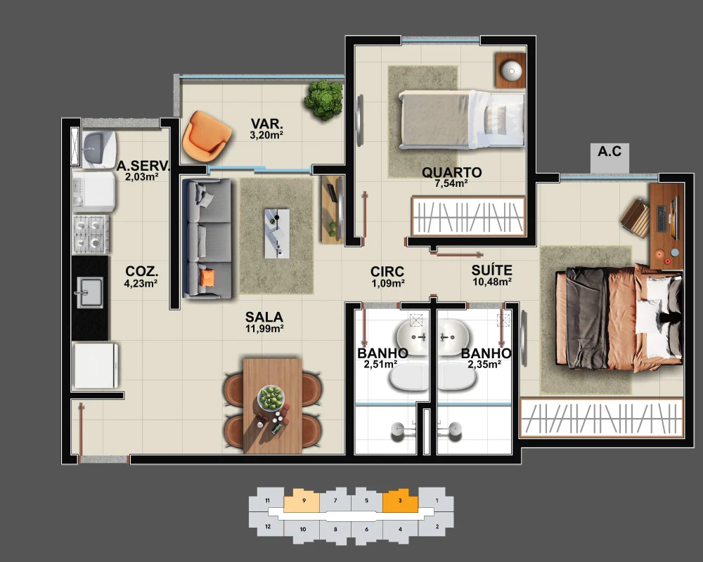 2 Quartos com 1 Suíte de 52,01 m² privativos Colunas 3, 9 e 10 (3º ao 9º pavimento) e Coluna 4 (2º e 10º pavimentos)