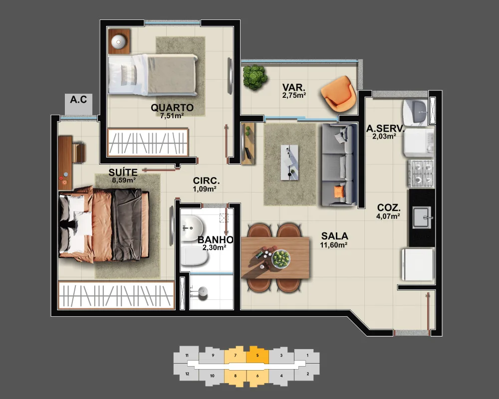 2 Quartos de 45,99 m² privativosColunas 5, 6, 7 e 8