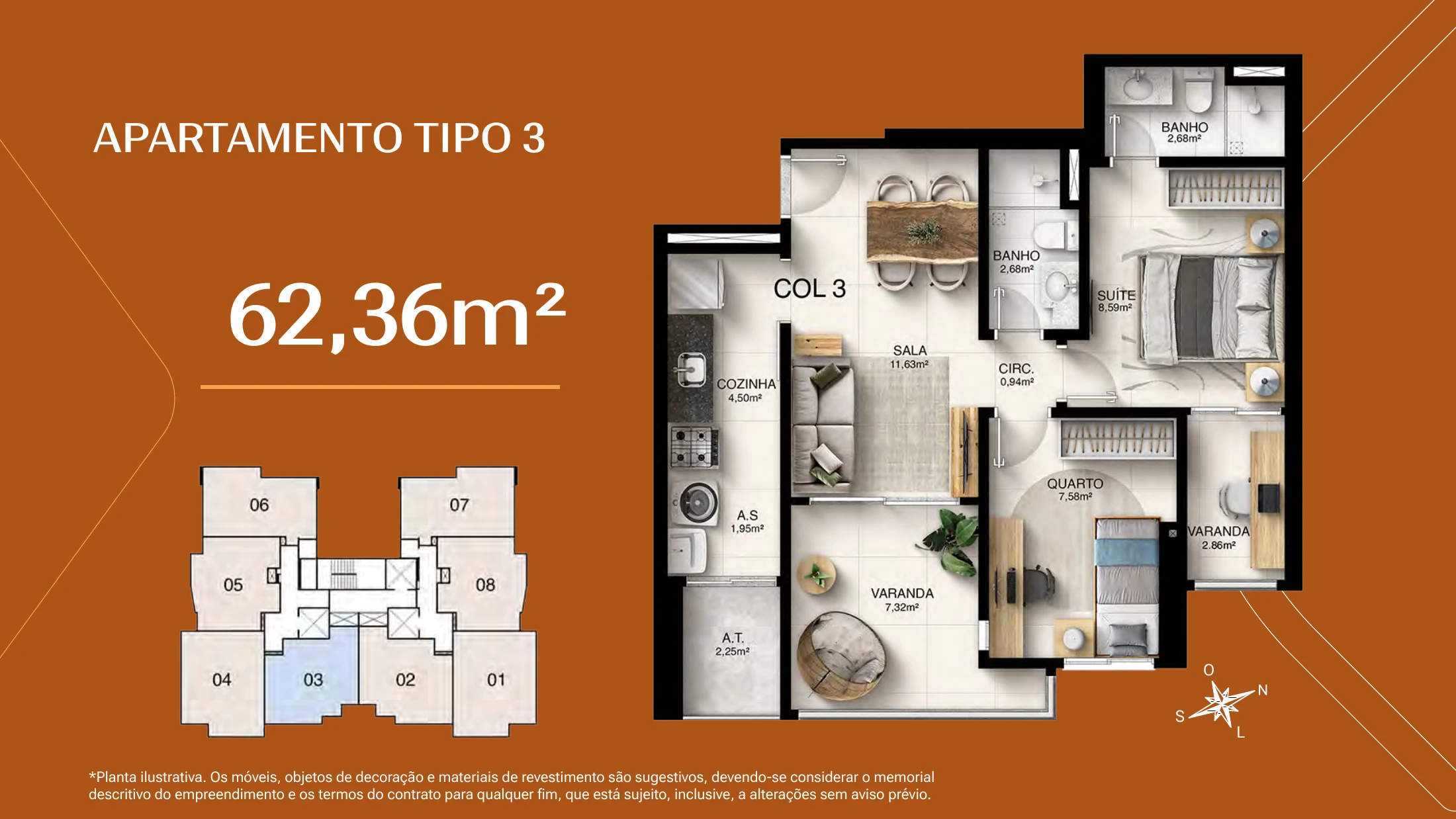 Apartamento tipo 3 · 62,36 m²