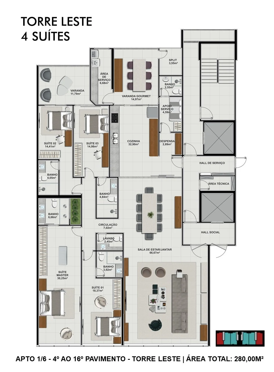 Taj planta Torre Louts 4 Quartos 280m²