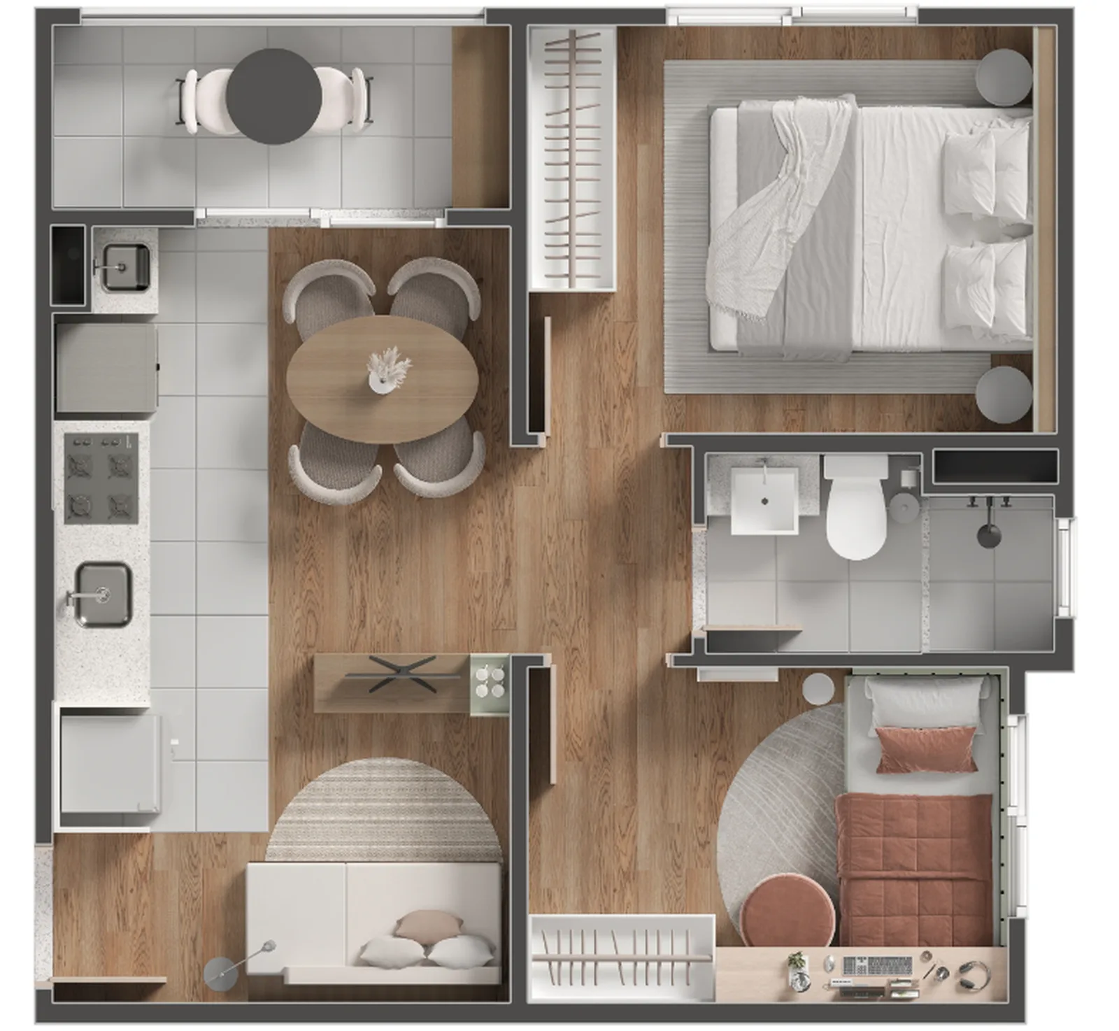 Planta humanizada ilustrativa de dois quartos