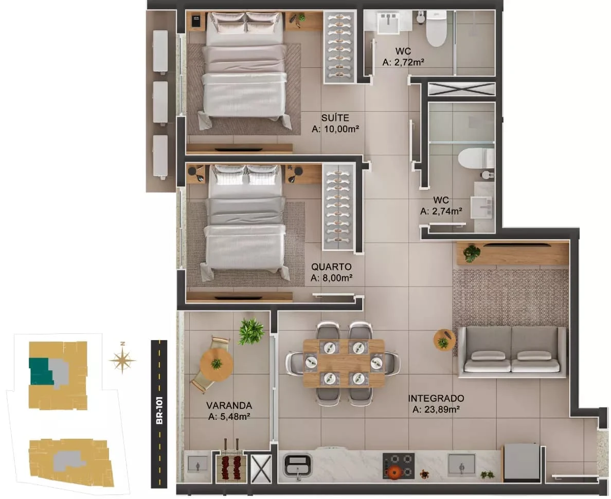 Planta do apartamento tipo 6 de 60 m² do Vitta Towers