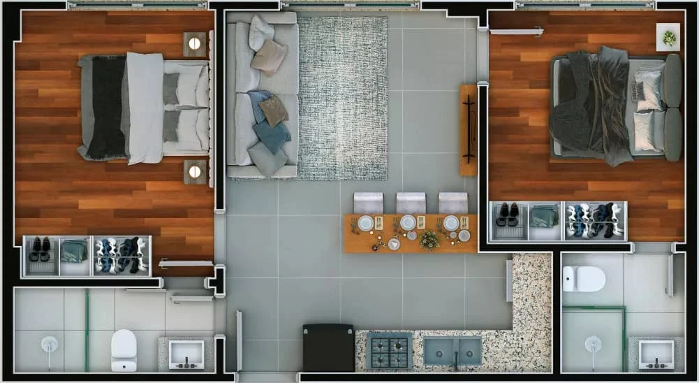 Planta do apartamento de 53m² do Fika