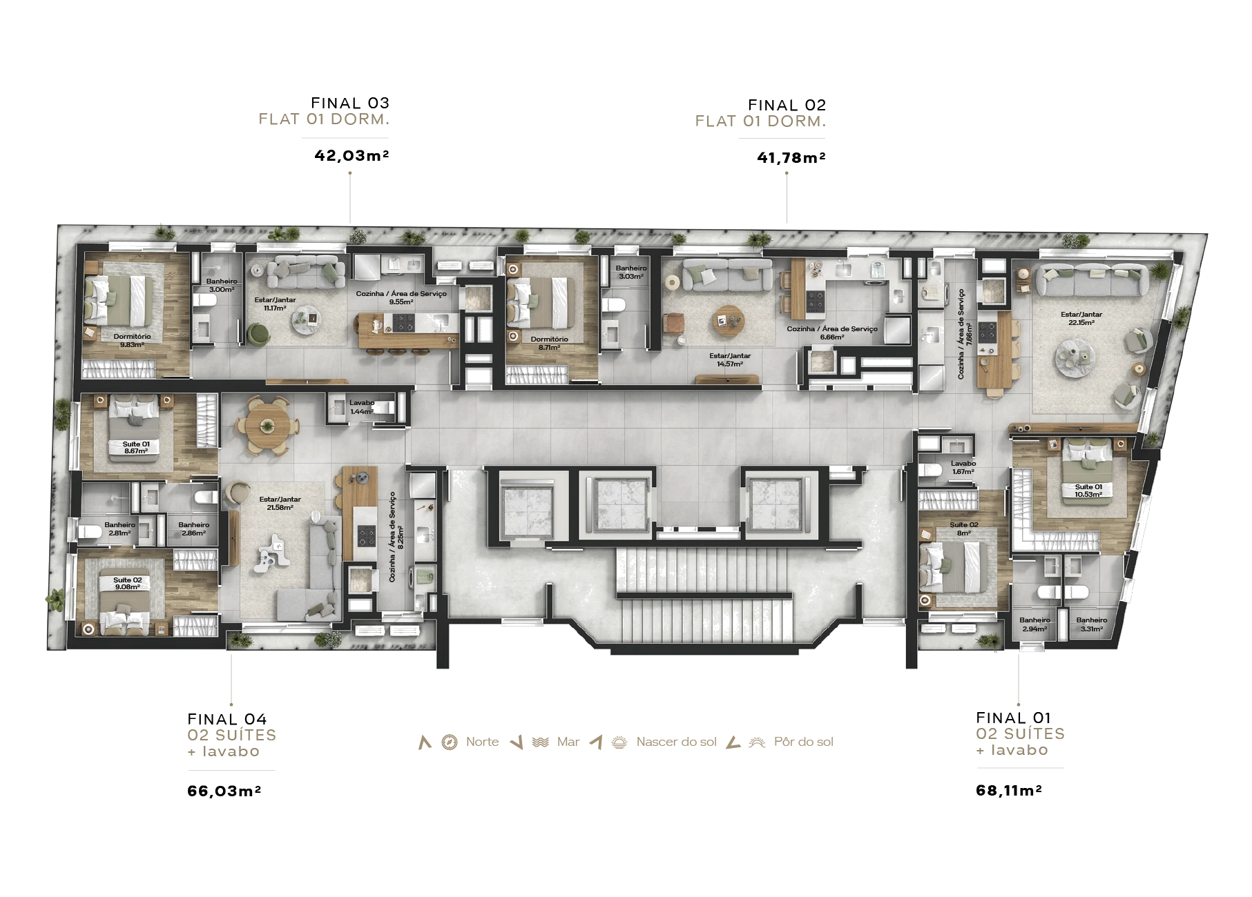 Plantas dos apartamentos — Finais 01 a 04 — Brise by Niva
