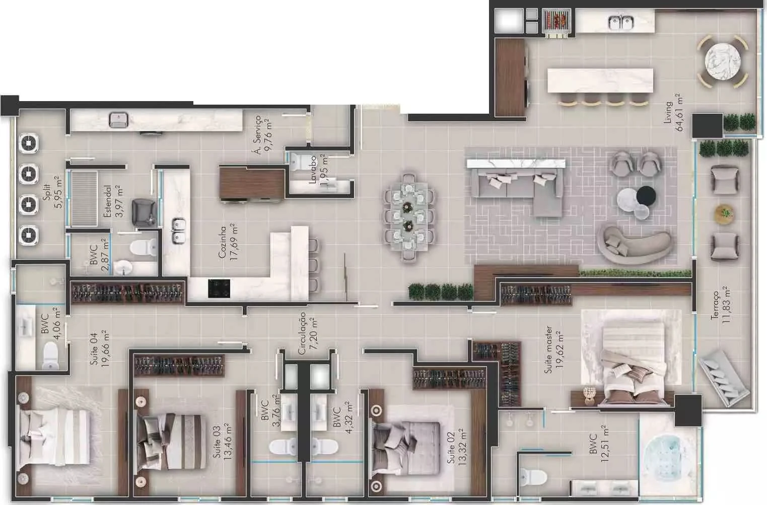 Planta com 4 quartos do Magna Tower