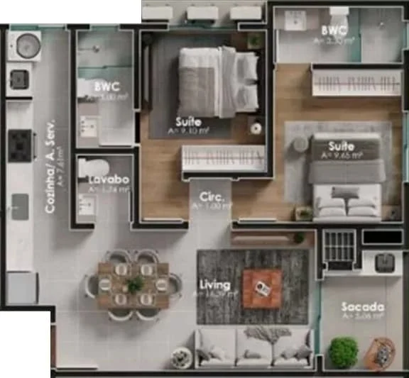 Planta do apartamento de 65m² do Selent Green Horizon