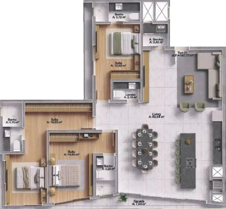Planta do apartamento de 147m² do Sonara