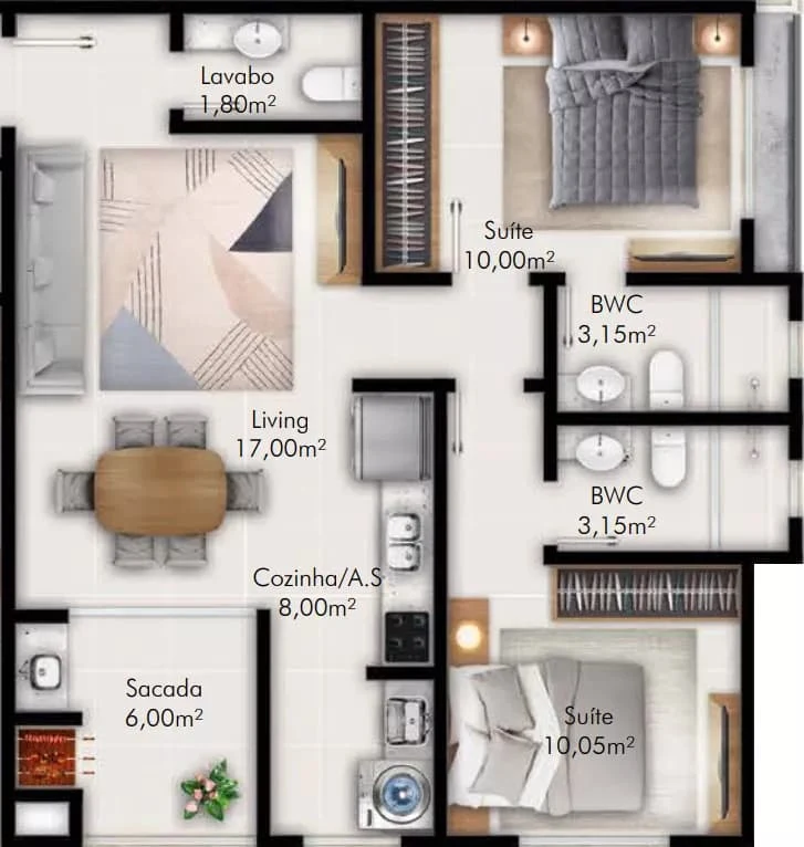 Planta do apartamento de tipo 01 68,60m² do Tresor Residence