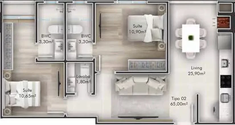Planta do apartamento de 65m² do Hebron