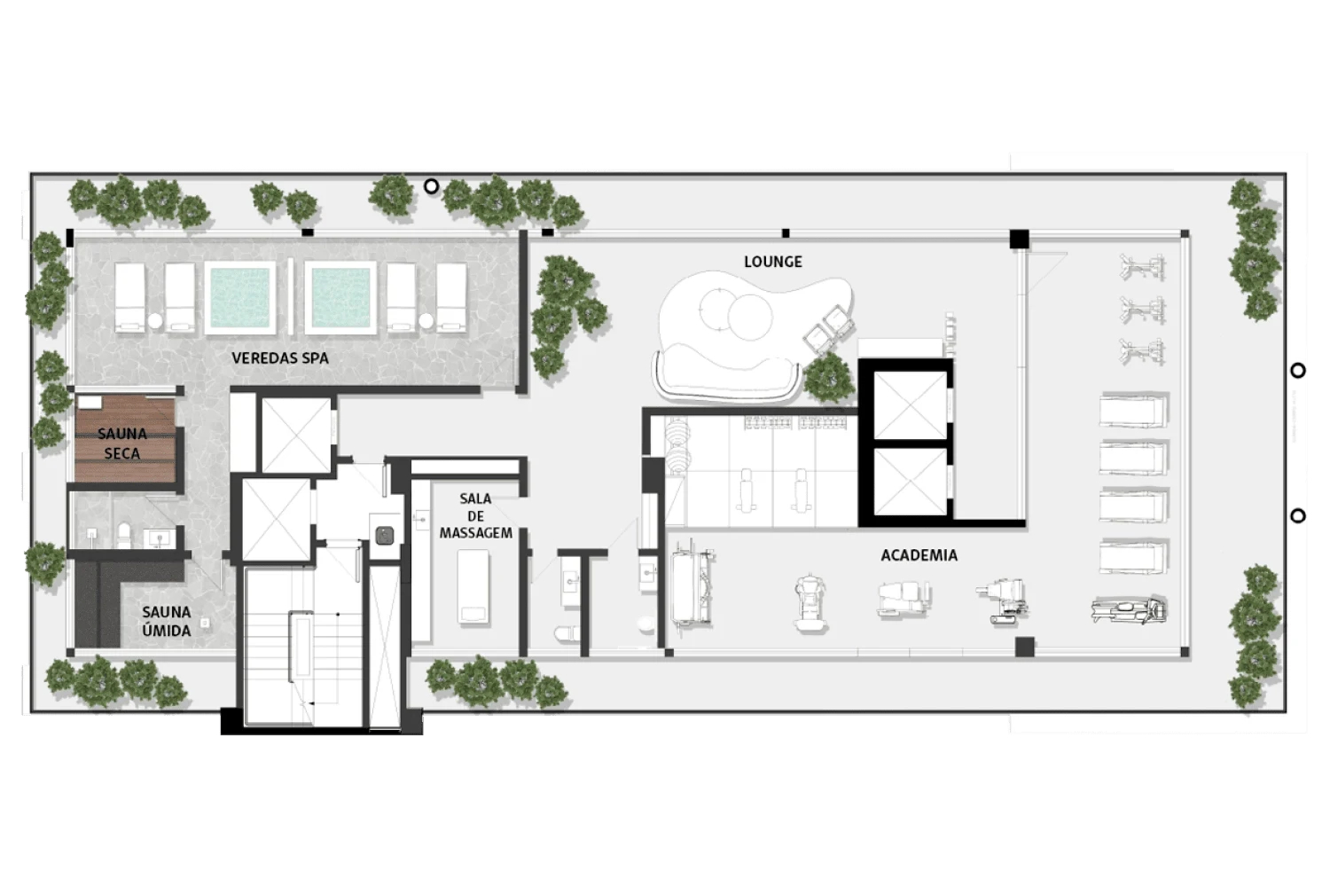 Rooftop: Academia | Lounge | Sala de Massagem | Veredas Spa | Sauna Seca | Sauna Úmida