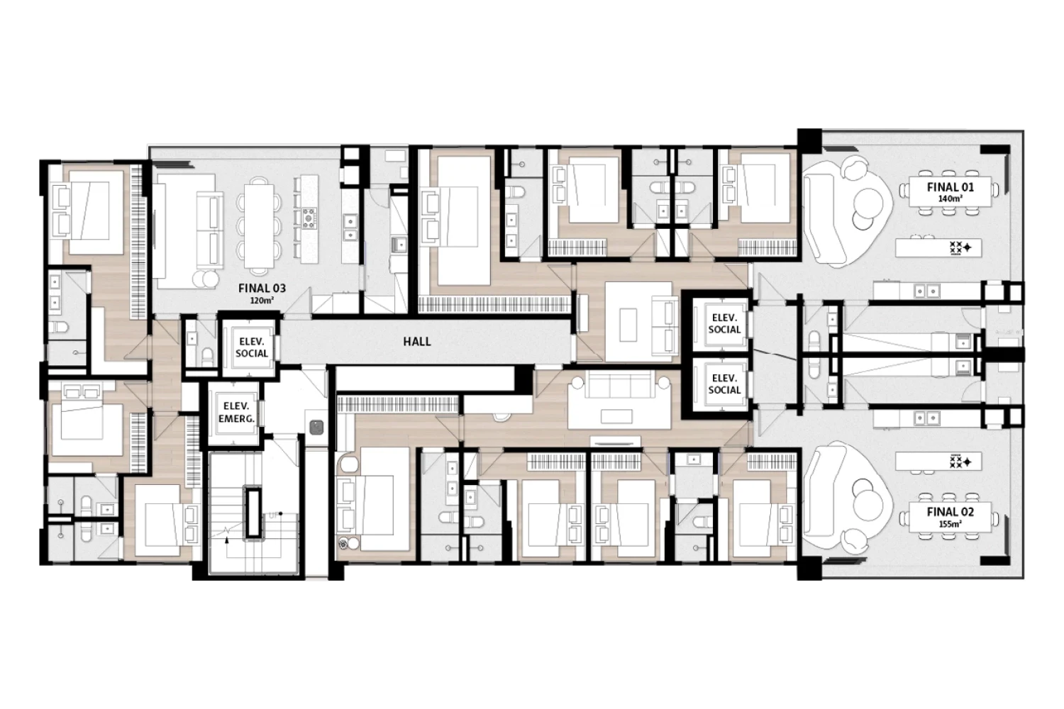 Apartamentos: Áreas privativas de 120m², 140m² e 155m²