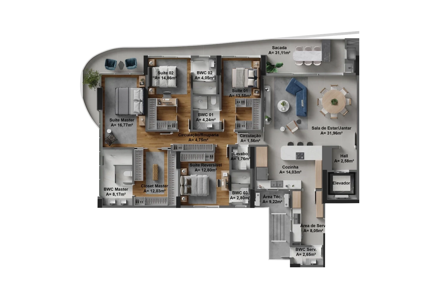 Final 01 | 222m²: Aptos: 1001, 1301, 1601, 1901, 2201, 2501, 2801