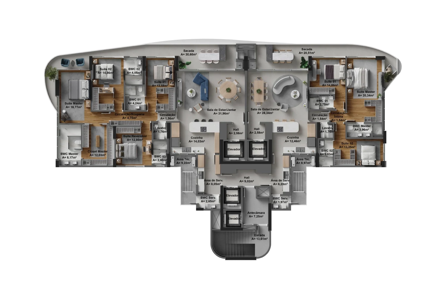 Pavimento tipo 01: 222m² e 168m²