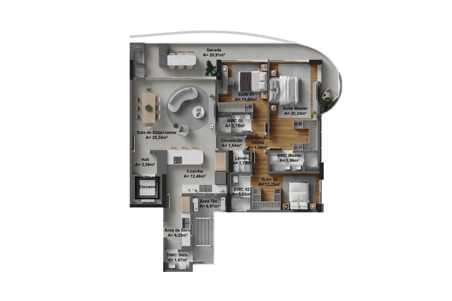 Final 02 | 168m²: Aptos: 1002, 1302, 1602, 1902, 2202, 2502, 2802, 3102