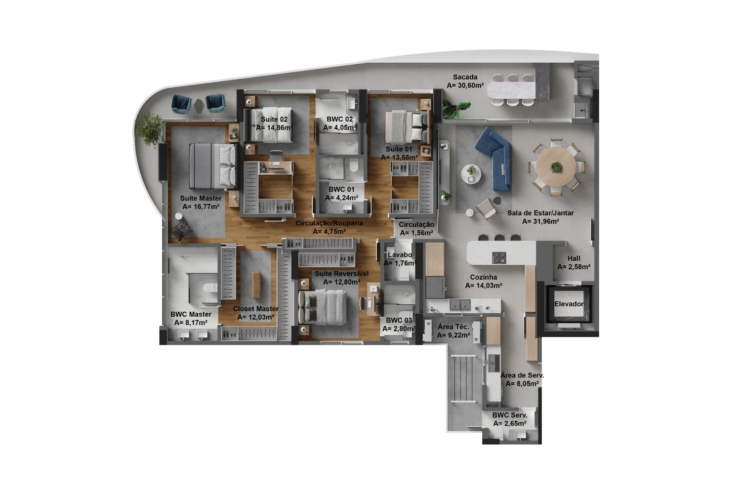 Final 01 | 222m²: Aptos: 801, 1101, 1401, 1701, 2001, 2301, 2601, 2901