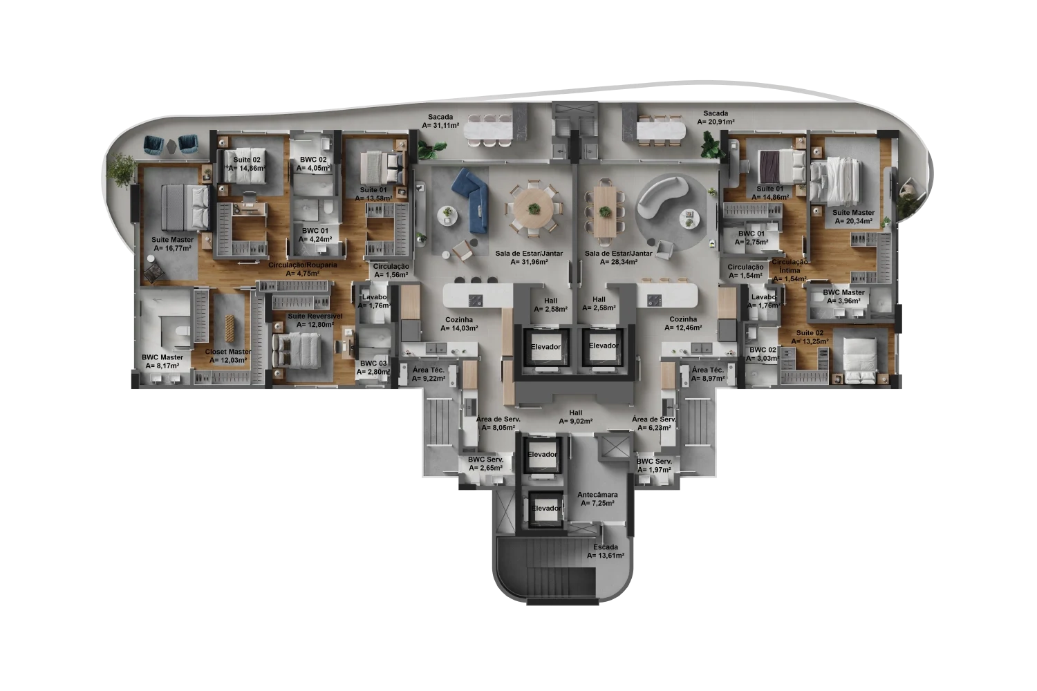 Pavimento tipo 03: 222m² e 168m²