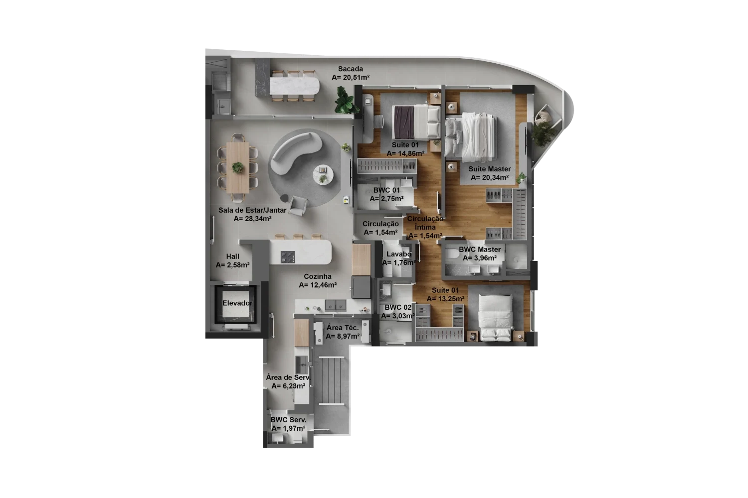 Final 02 | 168m²: Aptos: 802, 1102, 1402, 1702, 2002, 2302, 2602, 2902