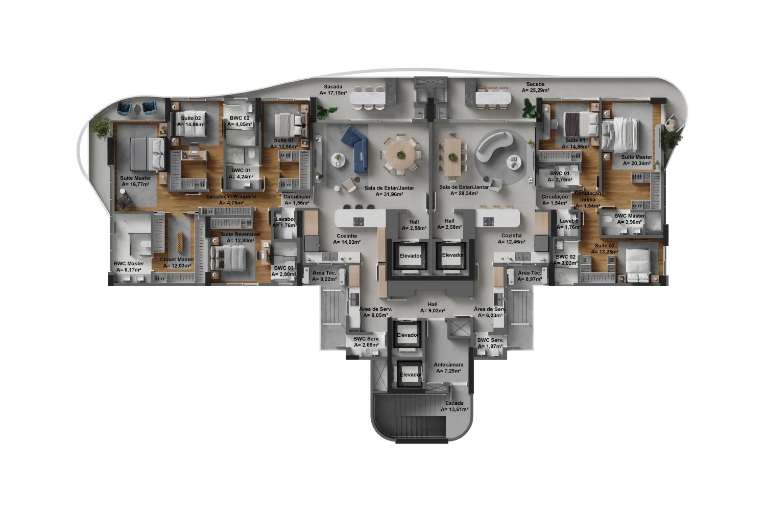 Pavimento tipo 2: 219m² e 168m²