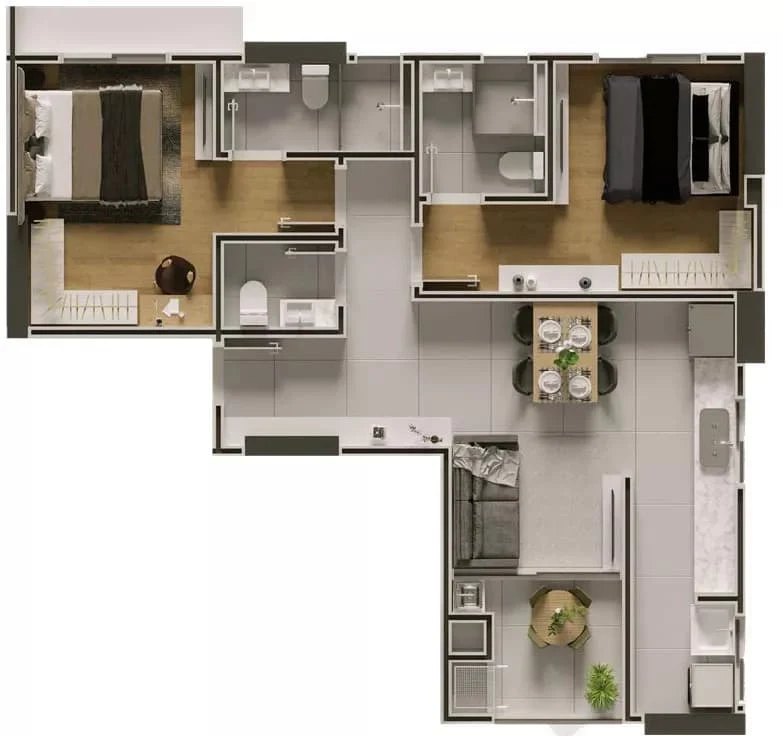 Planta do apartamento tipo 3 de 69 m² do Chateau Valence