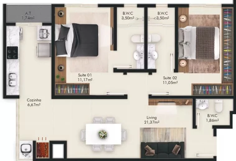 Planta do apartamento de 69 m² do Zadar