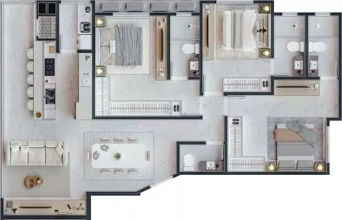 Planta do apartamento de 107,05m² do Monte Moriá Residence