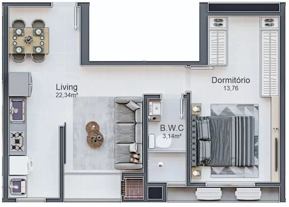 Planta do apartamento de 45.74m² do Celebration Residence