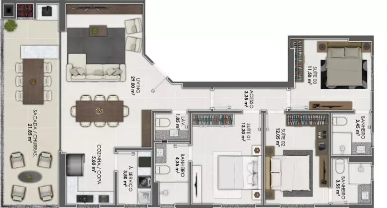 Planta do apartamento de 132m² do Torres do Atlântico
