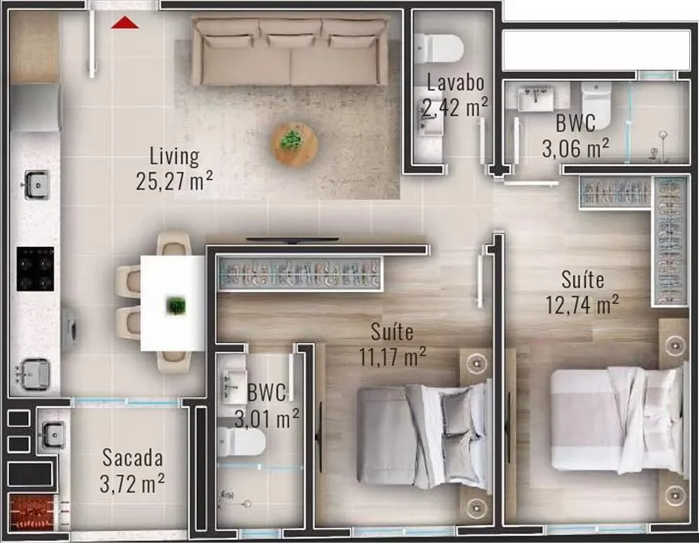 Planta do apartamento de 69.71m² do Tabuleiro das Oliveiras