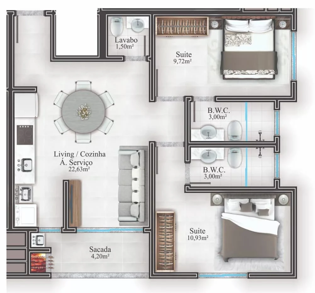 Planta do apartamento de 63m² do Viana do Castelo