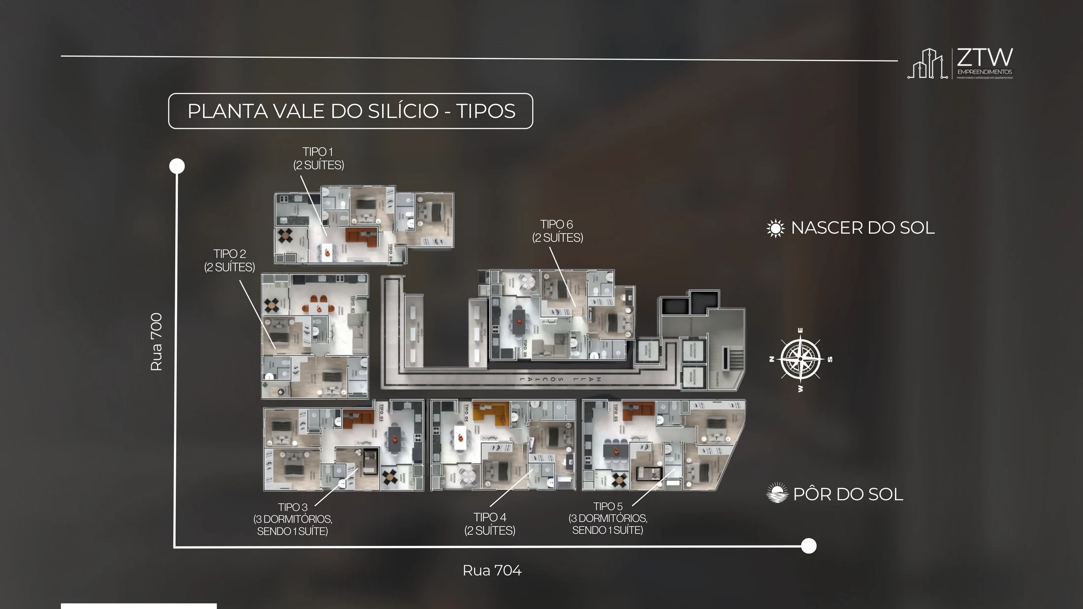 6 tipos, entre 2 suítes e 3 dormitórios, com orientação solar marcada