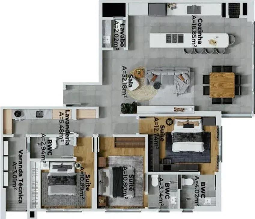 Planta do apartamento de 125,14m² do Casa Atalaia 47