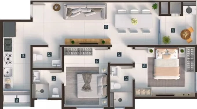 Planta do apartamento de 66.66m² do Aura