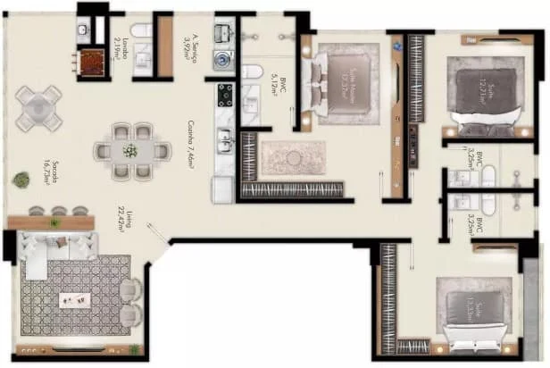 Planta do apartamento de 127,40 m² do Grand Vivare