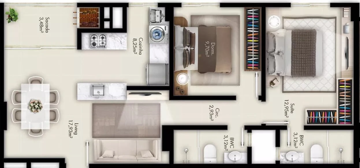 Planta do apartamento de 2 quartos, sendo 1 suíte, no Merlot