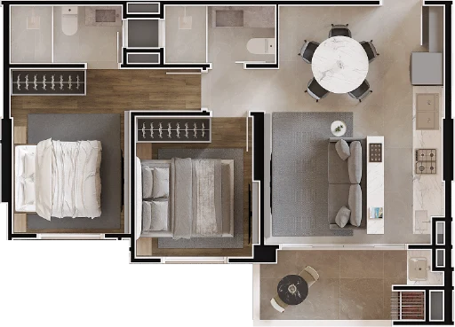 Apartamento Planta Tipo 02 - 65,5m² a 67,5m²